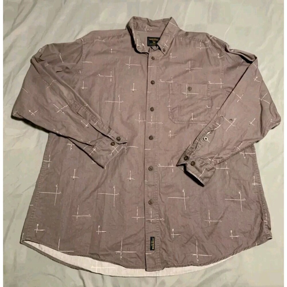 Vintage‎ Woolrich Shirt Mens XL Brown Fishing Poles Print Heavy Duty